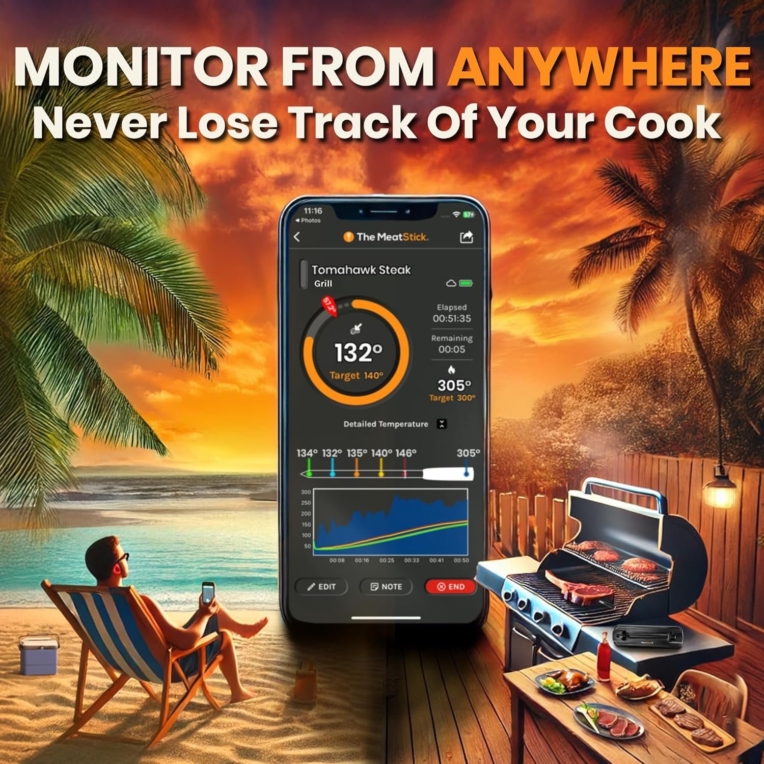 MeatStick V Wireless Meat Thermometer, 1200°F Heat Resistance, Unlimited Range WiFi & Bluetooth, Smart Digital Probe for Grilling, Smoking, Sous Vide, BBQ, Air Fryer, Oven, Smoker, Kitchen Cooking - Image 3