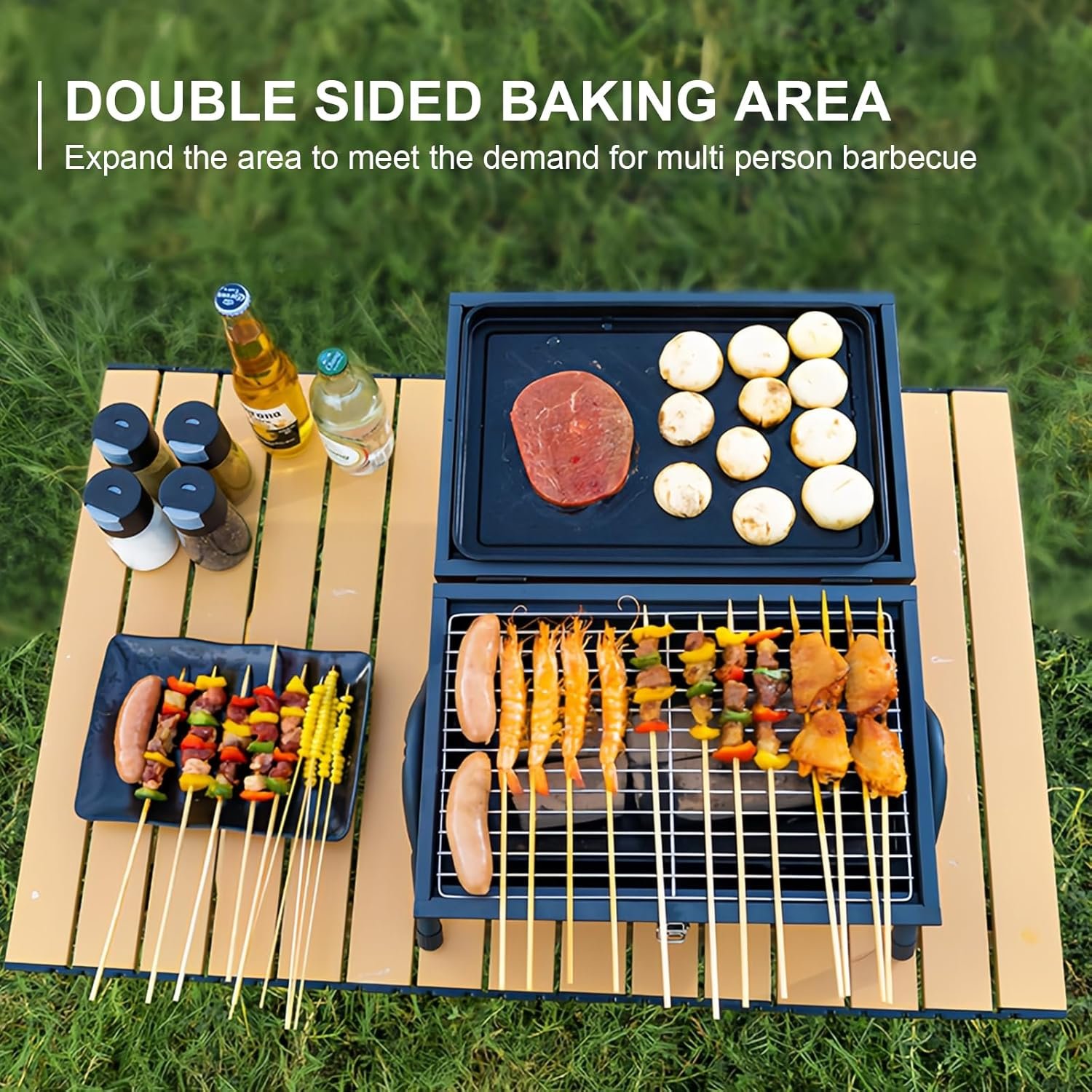 Portable Charcoal Grill with Thermometer, Double-sided barbecue grill for a larger area,Charcoal Smoker for camping,picnics.charcoal grills - Image 4