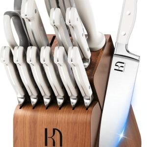 Knife Set, 15 Pcs Kitchen Knife Block Set, Enduring Razor-Sharp Japanese High Carbon Stainless Steel Chef Knife Set with Block and Sharpener, Premium Knives Set for Kitchen, White Acacia