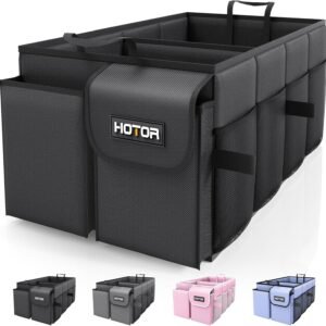 HOTOR Trunk Organizer – Car Organizer, Foldable Trunk organizer for SUVs & Sedans, Sturdy Car Organization for Car Accessories, Tools, Sundries, Black, 2 Compartments, 21.3″×12.6″×10.6″
