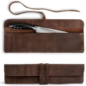 Leather Chef Knife Sheath, Single Case for Chef’s Knives, Kitchen Small Storage Bag, Roll Bags for Travel, Professional Chefs Carrying Wrap Holder, Butcher Rolls Carrier (Bourbon Brown)