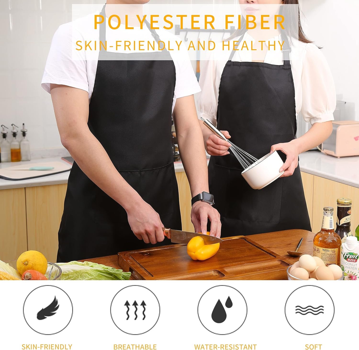 Tosewever 2 Pack Adjustable Bib Apron, Waterdrop Resistant Aprons with 2 Pockets Cooking Kitchen Restaurant Aprons for Women Men Chef, BBQ Drawing Crafting Outdoors (Polyester-Black, 2) - Image 2