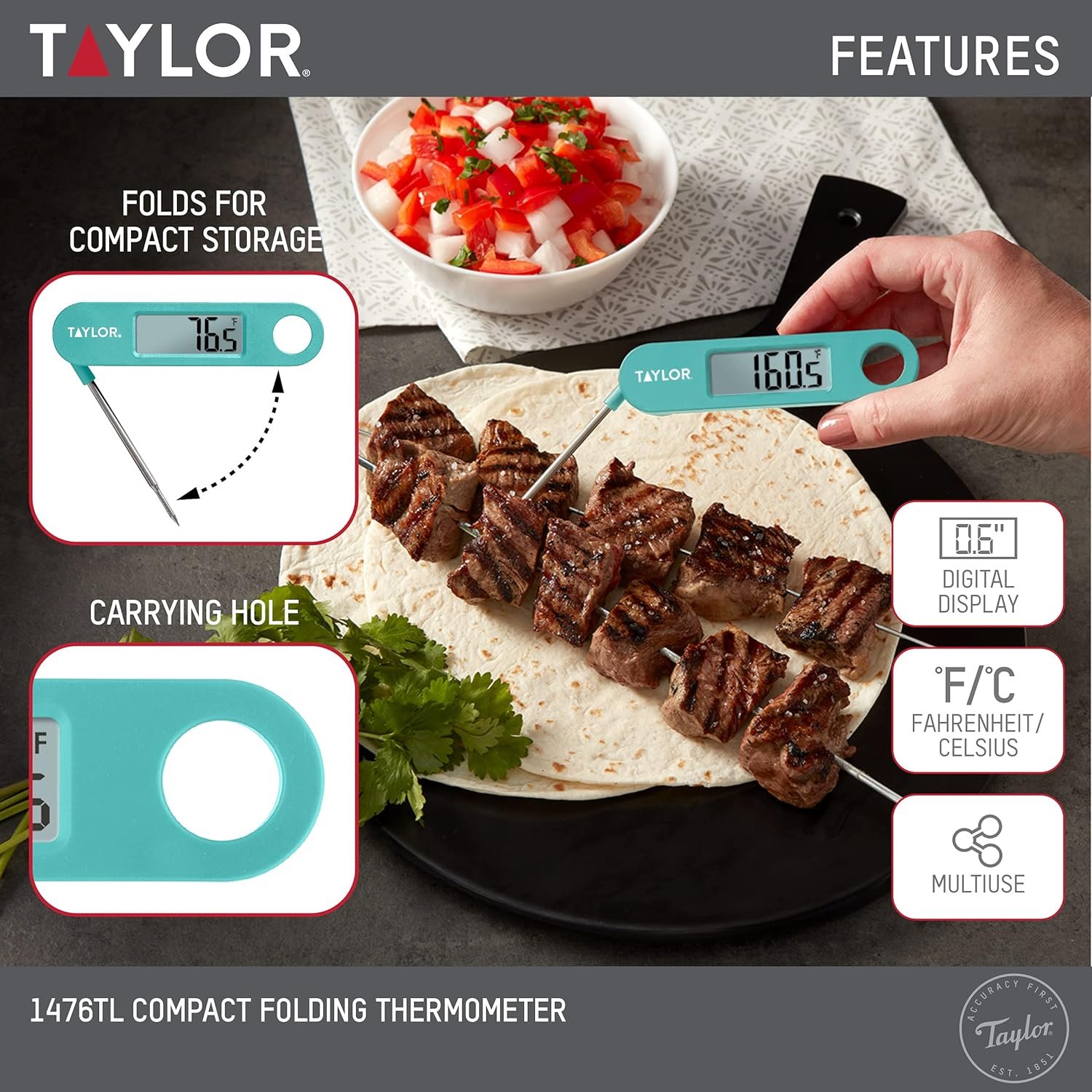 Taylor Instant Read Digital Meat Food Grill BBQ Cooking Kitchen Thermometer, Folding Probe, Teal 0.7 Inch LCD Readout - Image 3