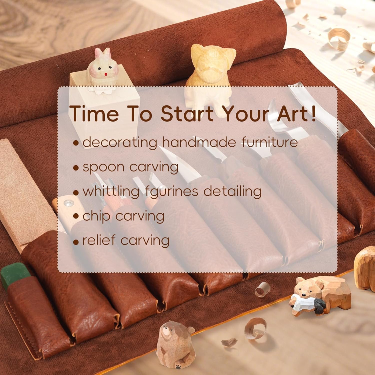 Wood Carving Tools, 22Pcs Wood Carving Kit with Leather Storage Bag & 5Pcs Whittling Knives & 5 Detail Knives & 1 Folding Saw,Whittling kit for Beginners and Enthusiasts - Image 8