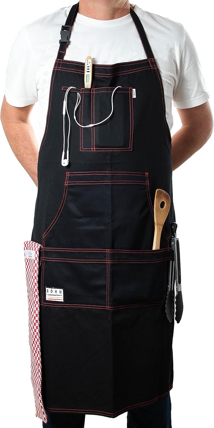 BÖHM Professional Chef Kitchen Apron with Pockets, Tool Loops, Adjustable Neck Strap, Durable Double Stitched Cotton. Incl. heat resistant Pot/Pan Towel for handling Hot items - Image 2