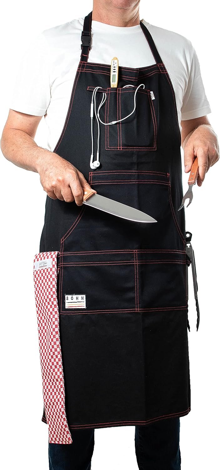 BÖHM Professional Chef Kitchen Apron with Pockets, Tool Loops, Adjustable Neck Strap, Durable Double Stitched Cotton. Incl. heat resistant Pot/Pan Towel for handling Hot items