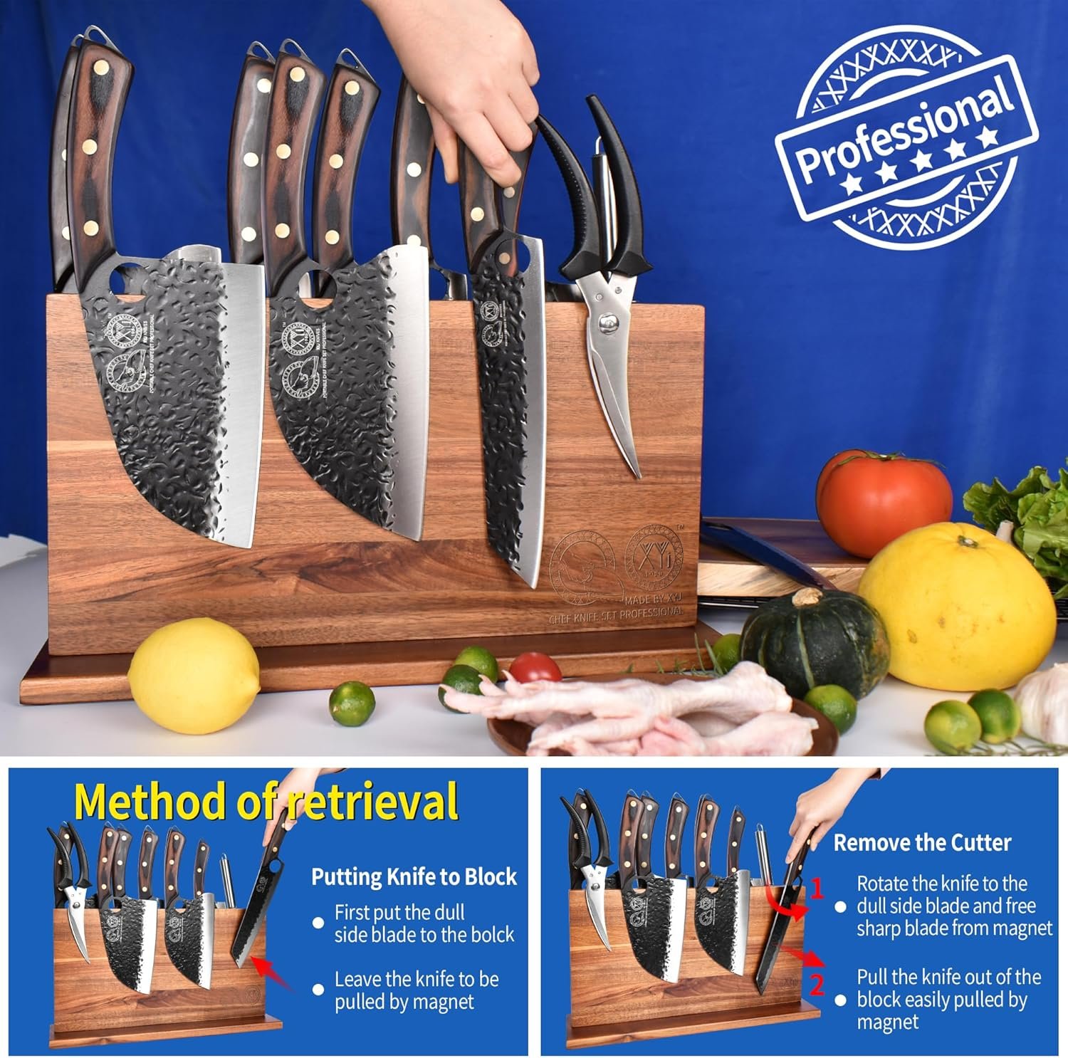 XYJ Extra Large Magnetic Knife Block Acacia Wood Knife Set Holder Stand With Stronge Magnetic Strip Kitchen Knives Storage Rack Organizer Tools No Drilling - Image 8