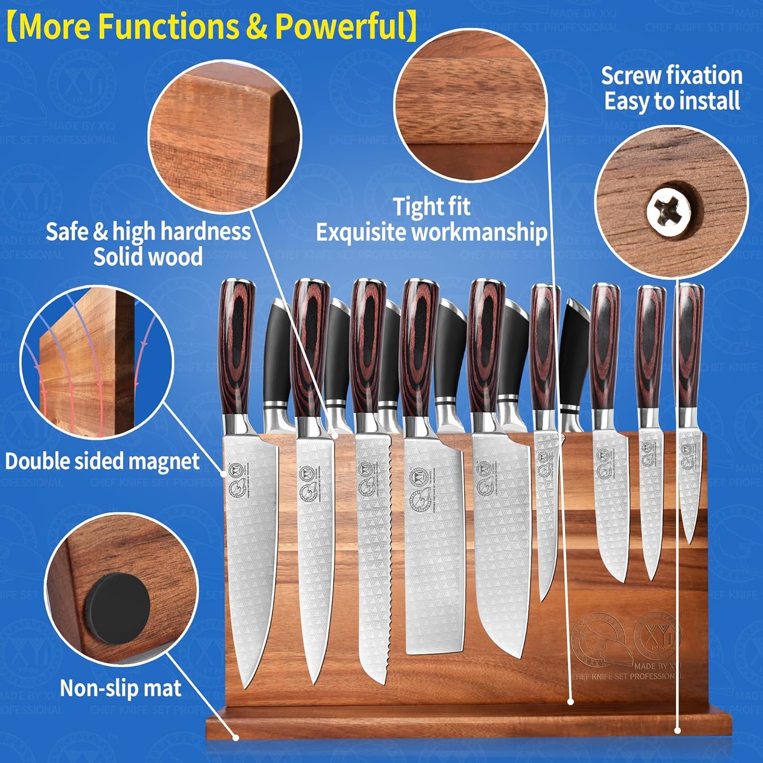 XYJ Extra Large Magnetic Knife Block Acacia Wood Knife Set Holder Stand With Stronge Magnetic Strip Kitchen Knives Storage Rack Organizer Tools No Drilling - Image 5