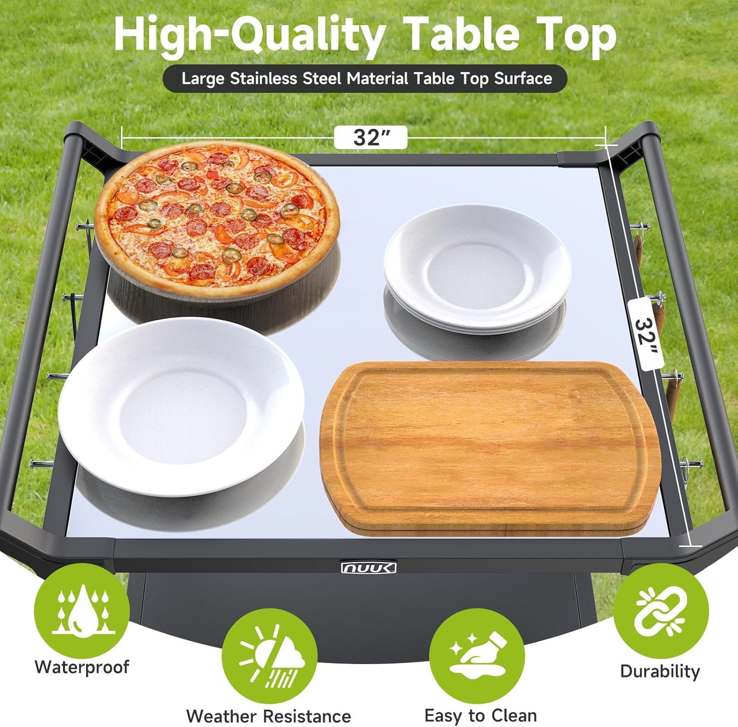 NUUK Grill Cart for Outdoor 32" x 32" Stainless Steel Pizza Oven Table with Double-Shelf Rolling BBQ Kitchen Food Prep Cart for Garden Patio - Image 3