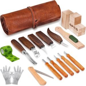 Wood Carving Tools, 22Pcs Wood Carving Kit with Leather Storage Bag & 5Pcs Whittling Knives & 5 Detail Knives & 1 Folding Saw,Whittling kit for Beginners and Enthusiasts