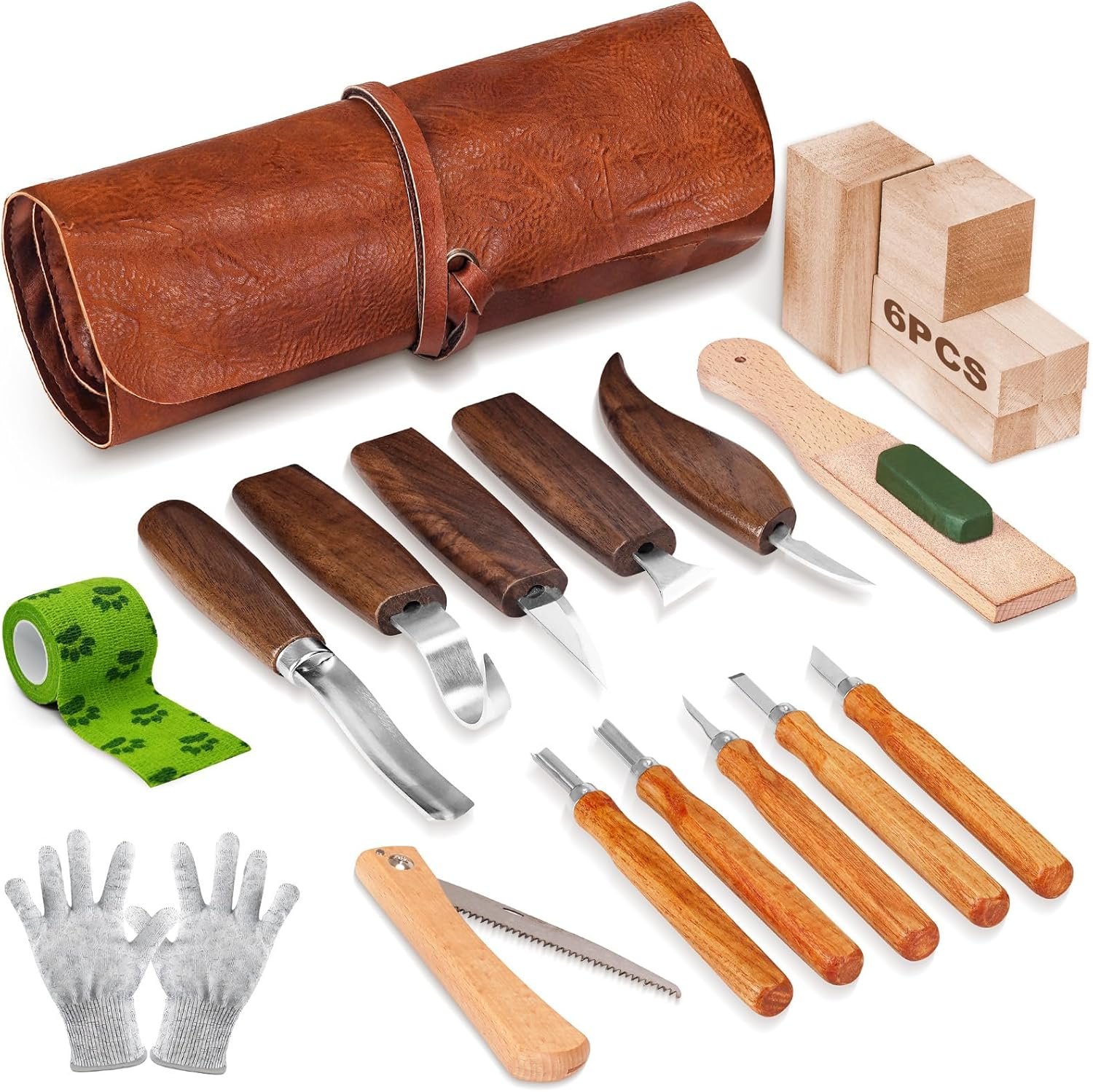 Wood Carving Tools, 22Pcs Wood Carving Kit with Leather Storage Bag & 5Pcs Whittling Knives & 5 Detail Knives & 1 Folding Saw,Whittling kit for Beginners and Enthusiasts