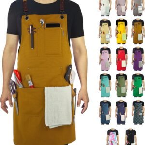 Kitchen Apron, Work Apron, Canvas, Multiple Pockets, Gardening, Painting, BBQ, Artist, Carpenter, Sizes M to XXL, Khaki