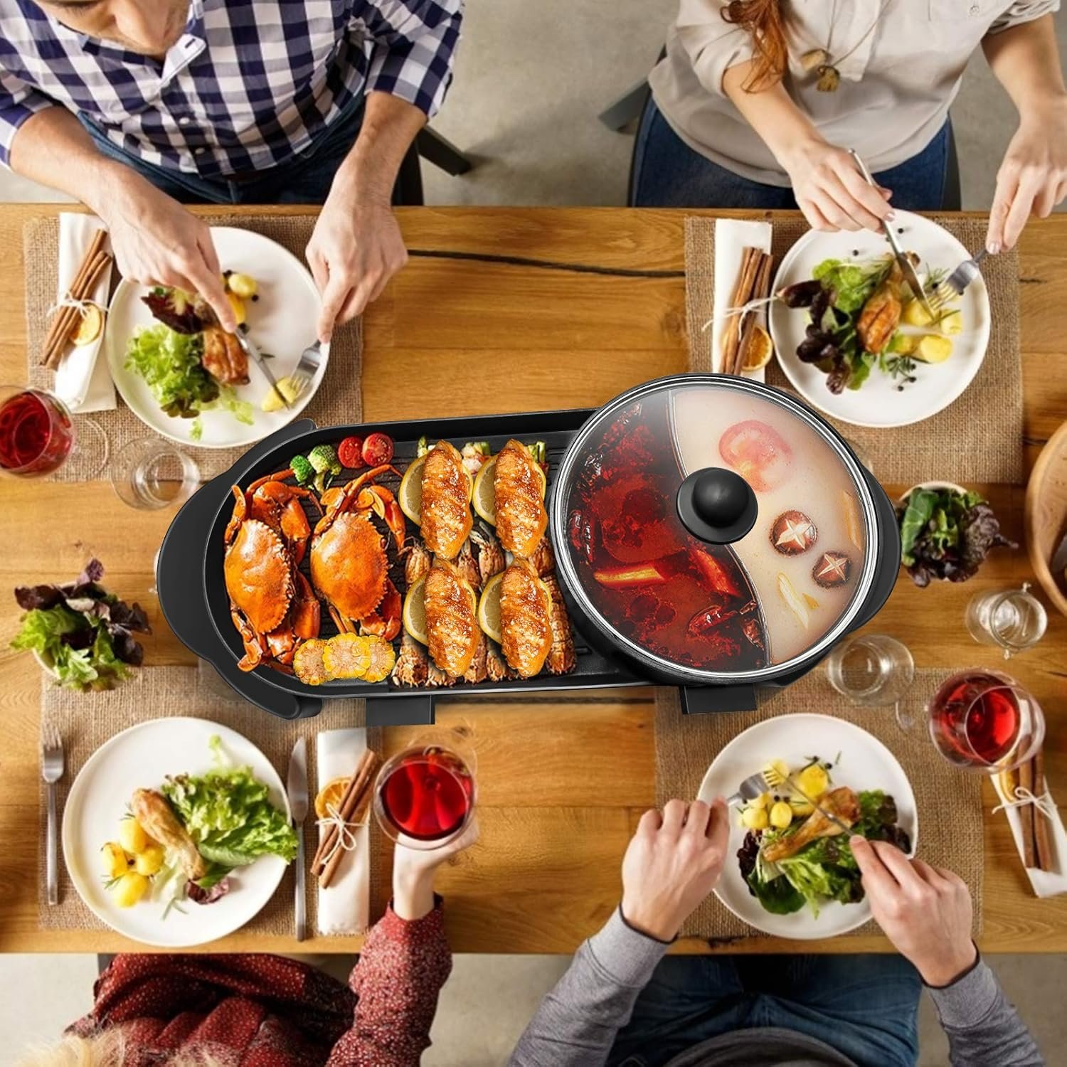 SEAAN Hot Pot with Grill, Korean BBQ Grill Indoor Hotpot Pot Electric Combo, Shabu Shabu Pot with Divider KBBQ Grill Smokeless Non-stick Separate Dual Temperature Control, for 2-12 People, 110V - Image 7