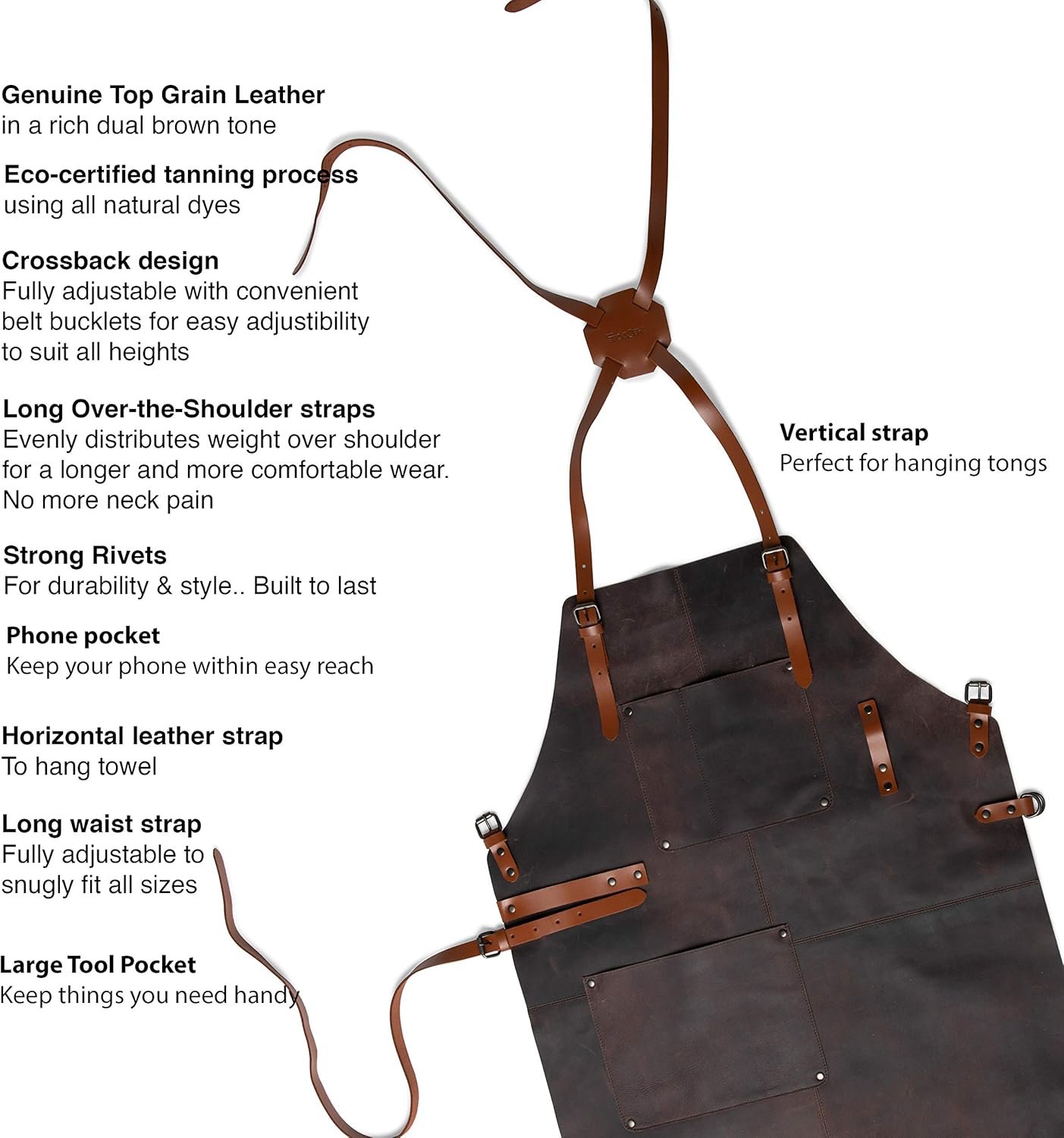 Theodore Genuine Top‑Grain Leather Apron with Cross‑Back for Men & Women – 32.5″ × 24.5″ Heavy‑Duty BBQ, Cooking, Woodworking Apron with Two Large Tool Pockets - Image 2