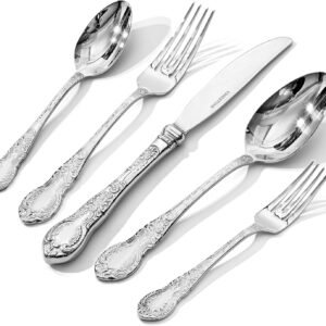 KINGSTONE Vintage Carved Silverware Set, 60-Piece 18/10 Stainless Steel Flatware Cutlery Set with Retro Royal Thick Handle, Tableware Utensils for Home, Restaurant, party, Wedding, Dishwasher Safe