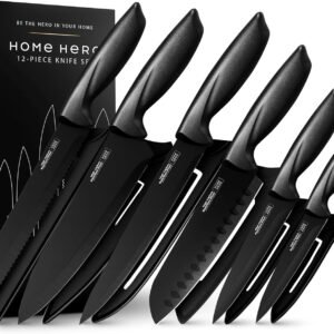 Home Hero Kitchen Knife Set with Sheath Covers – High Carbon Stainless Steel Kitchen Knives with Ergonomic Handles & Ceramic Coating, Nonstick Ceramic Knife Set with Chef Knife (12 Pcs – Black)