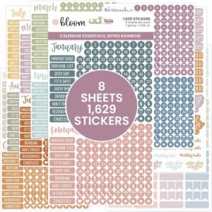 bloom daily planners Calendar Essentials Planner Stickers – 8 Sheets, 1629 Stickers Per Pack! – Color Coordinating Monthly Headings, Dates, Icons, Etc. – Retro Rainbow