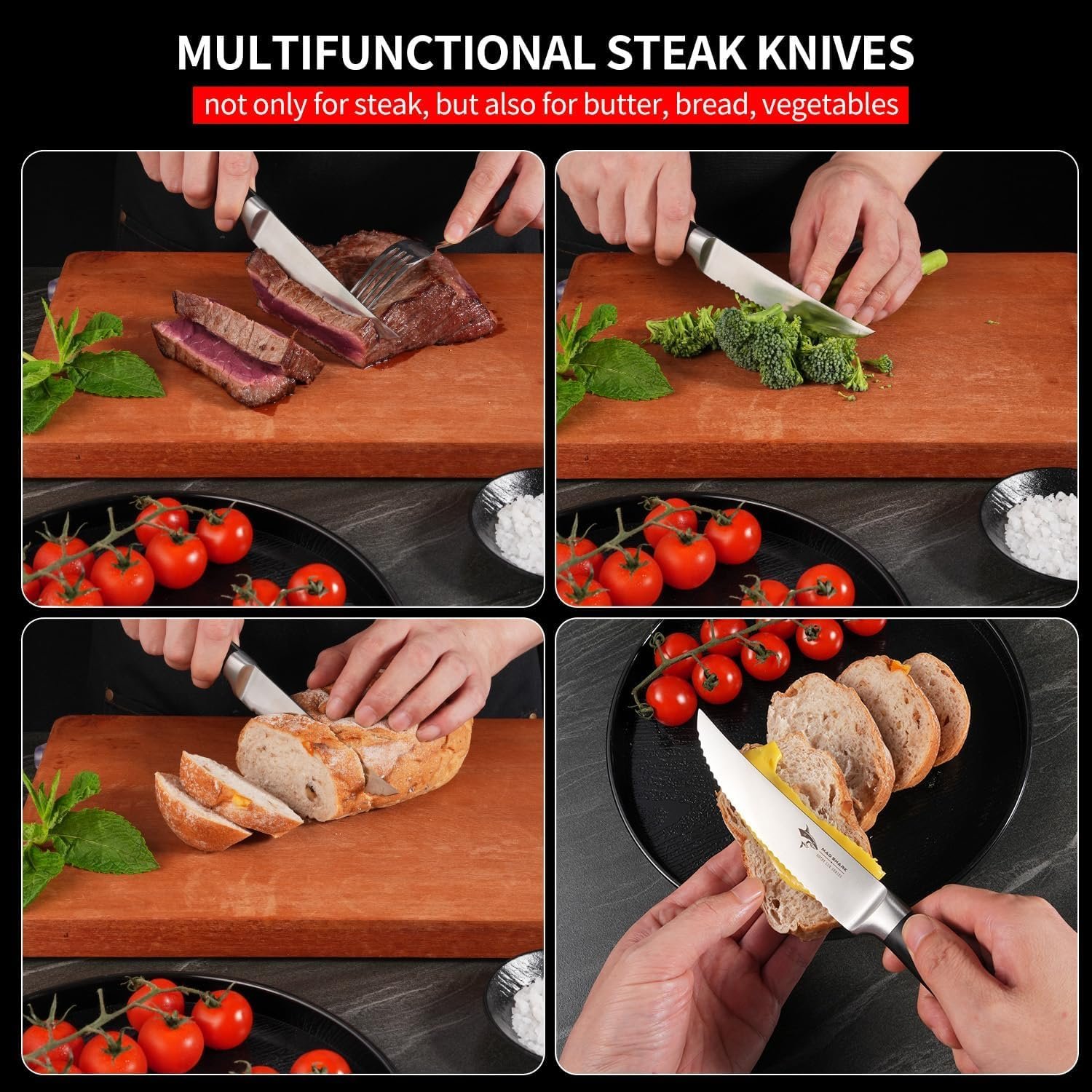 MAD SHARK 4-Piece Steak Knife Set, Premium 4.5-inch Serrated Steak Knives, Ultra Sharp German High Carbon Stainless Steel with Triple Rivet Handles, Elegant Gift Box Included - Image 3