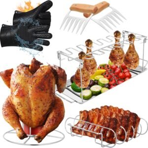 Beer Can Chicken Holder, Chicken Leg Rack, Butt Stand Rib Rack, BBQ Gloves, Meat Shredder Claws Silicone Tong BBQ Party Favors Barbecue Grill Accessories Kit for Grilling Gift Barbecue Set