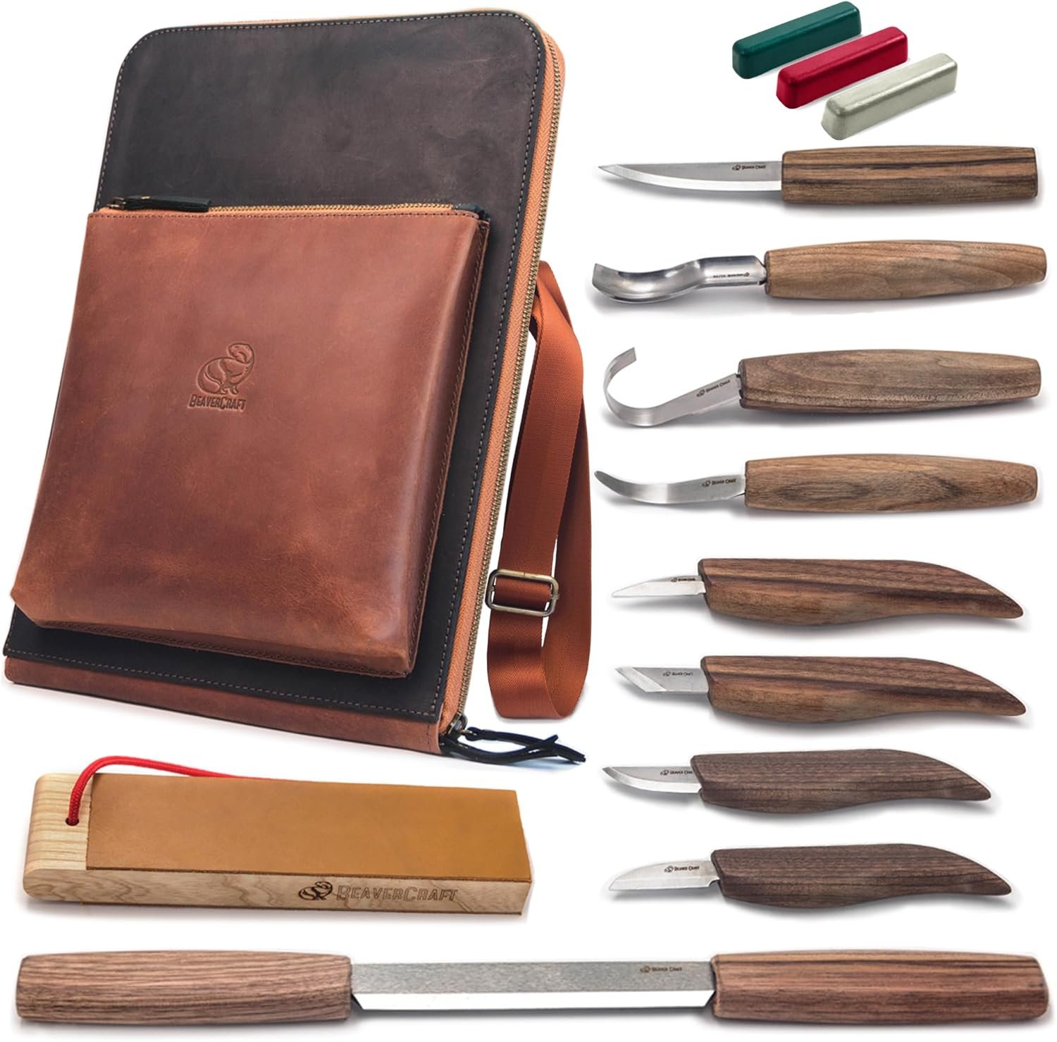 BeaverCraft Deluxe Wood Carving Kit S50X - Wood Carving Tools Wood Carving Set - Spoon Wood Carving Knives Tools Set - Whittling Kit Knife Woodworking Kit for Beginner and Profi (Brown)