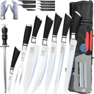 XYJ Kitchen Knife Set with Bag, Sharpening Steel, Gloves, Meat Fork, Stainless Steel Slicing Carving Bread Ham Chef Knives,Bird-beak Paring Knife, Ergonomic Handle
