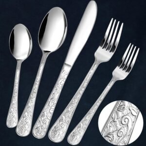 Chuleno Vintage Floral Carved Silverware Set for 6, 30 Pieces Stainless Steel Flatware Set with Knife/Fork/Spoon, Embossed Cutlery Set for Home and Kitchen, Mirror Polished Utensil Set for Gift