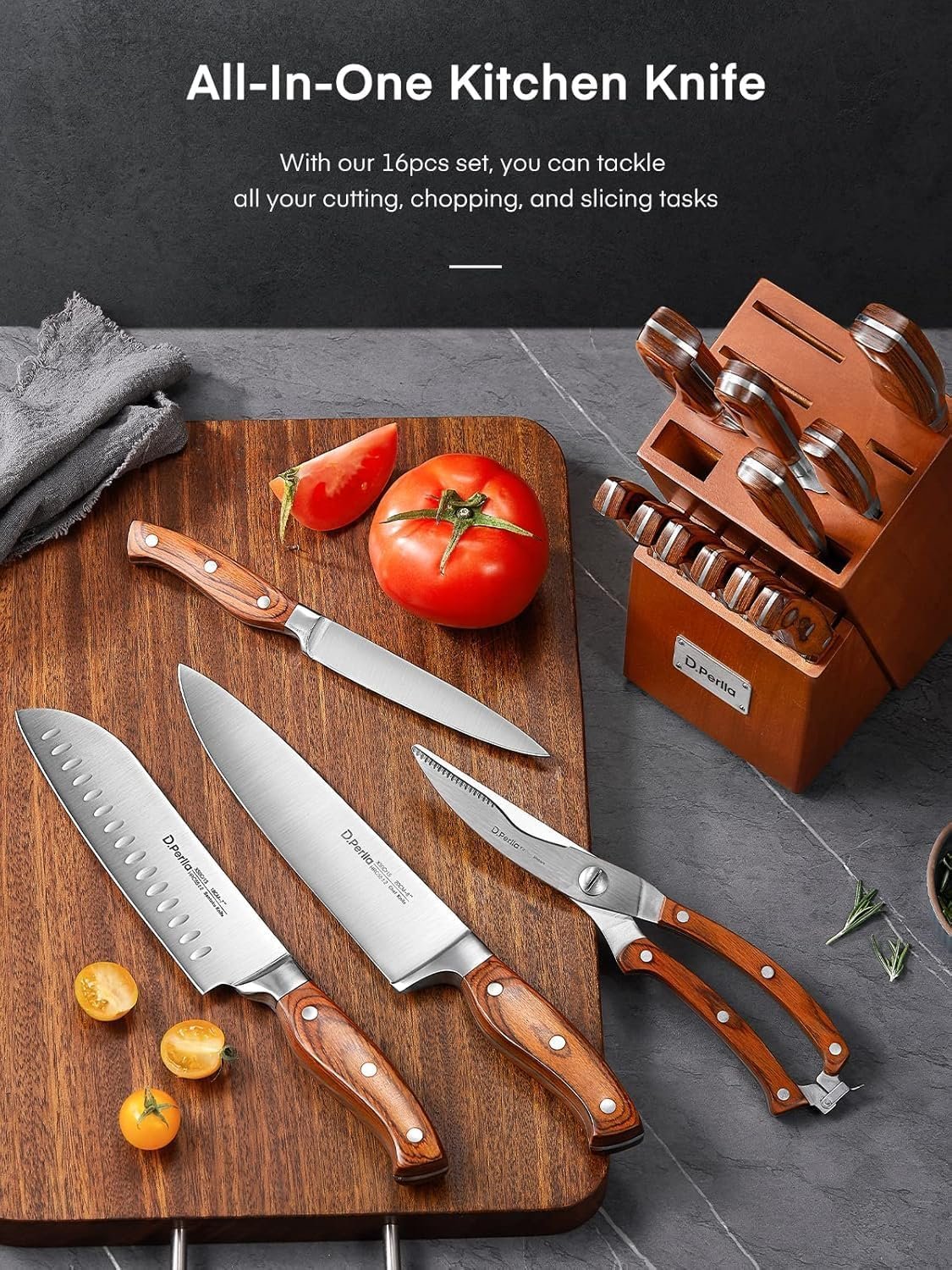 Knife Set with Block, 16 Pcs Stainless Steel Kitchen Knife Set with Sharpener & Wooden Block, Knife Block Set with Wood Handle, Chef, Santoku, Bread, Utility, Paring & Carving Fork Knife, Brown - Image 8