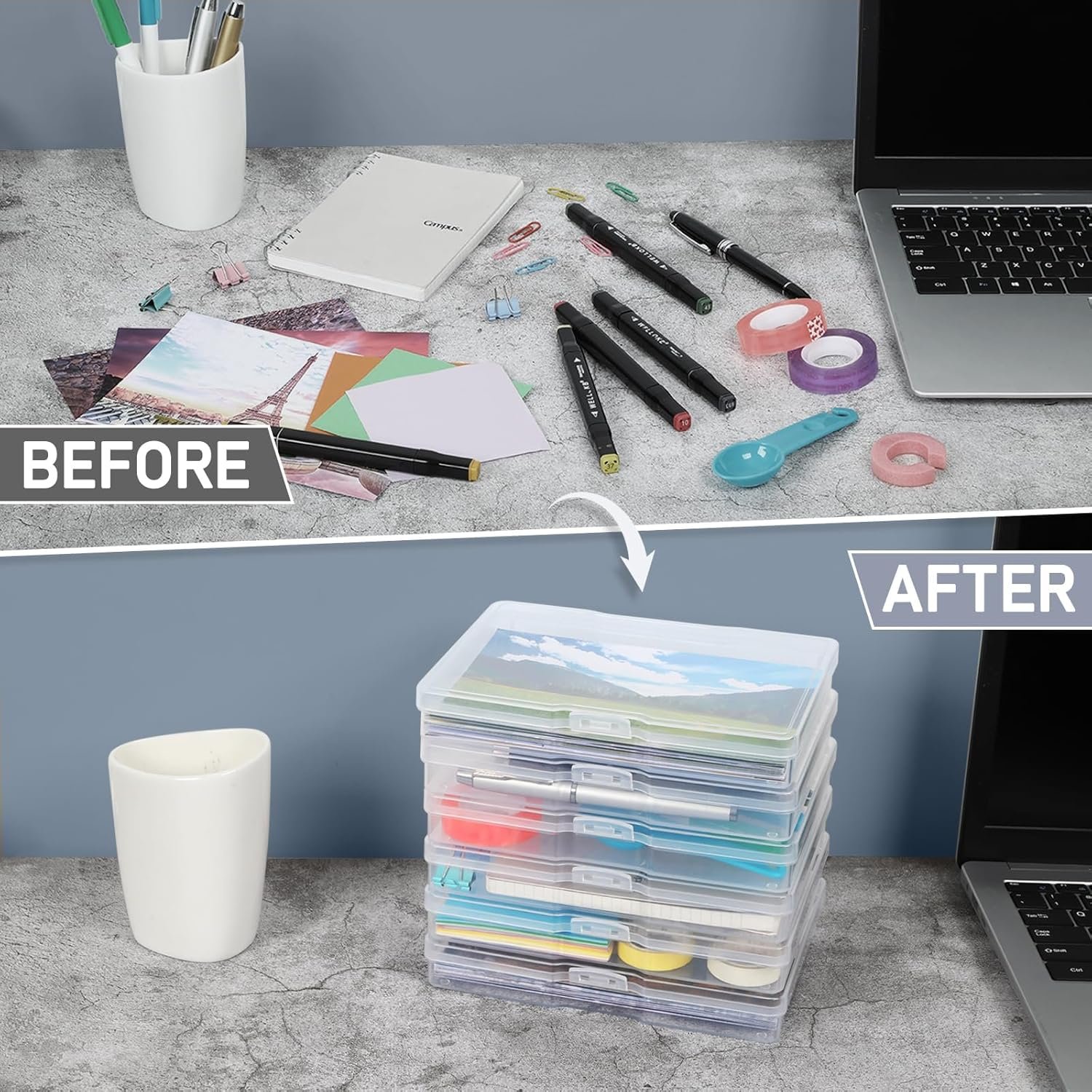 FAAYUCK Photo Storage Box 5 x 7 Inches, 6 Pack Photo Organizers and Storage, Acid-Free Picture Storage Container, Stackable Craft Keeper for Photos, Cards, Stamps, Scrapbooking, Office Supplies etc - Image 5