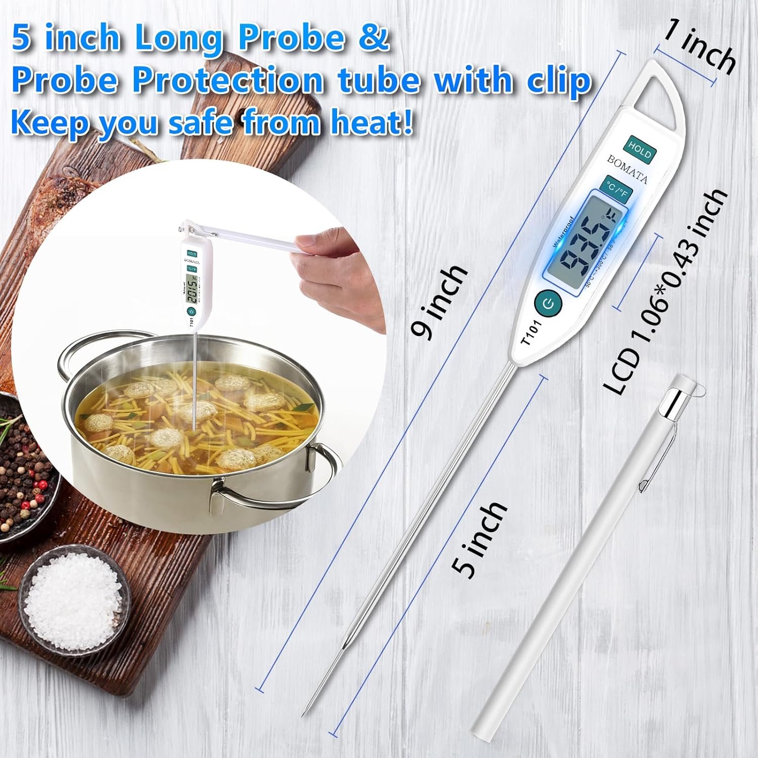 BOMATA 6 Pack Waterproof IPX7 Meat Thermometer Instant Read Food Thermometer with Long Probe for Water, Liquid, Kitchen Cooking, Grill,BBQ ! T101 X 6 Pcs (Black & Red & White)… - Image 4