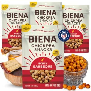 BIENA Chickpea Snacks – Crunchy Roasted Chickpeas – High Fiber Protein Snacks for Adults and Kids – 4-Pack, 5 Ounce Bags – Barbecue