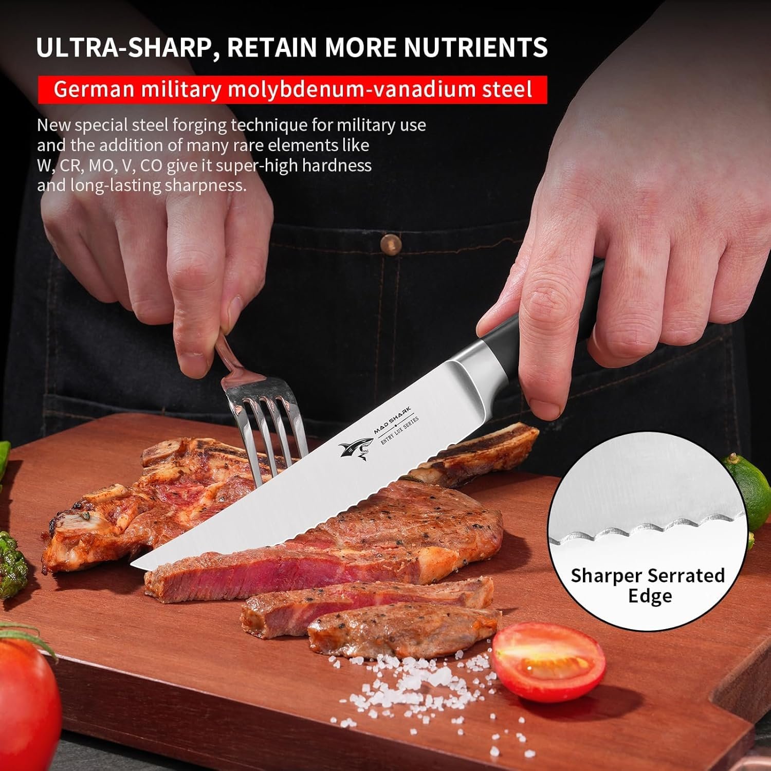 MAD SHARK 4-Piece Steak Knife Set, Premium 4.5-inch Serrated Steak Knives, Ultra Sharp German High Carbon Stainless Steel with Triple Rivet Handles, Elegant Gift Box Included - Image 4