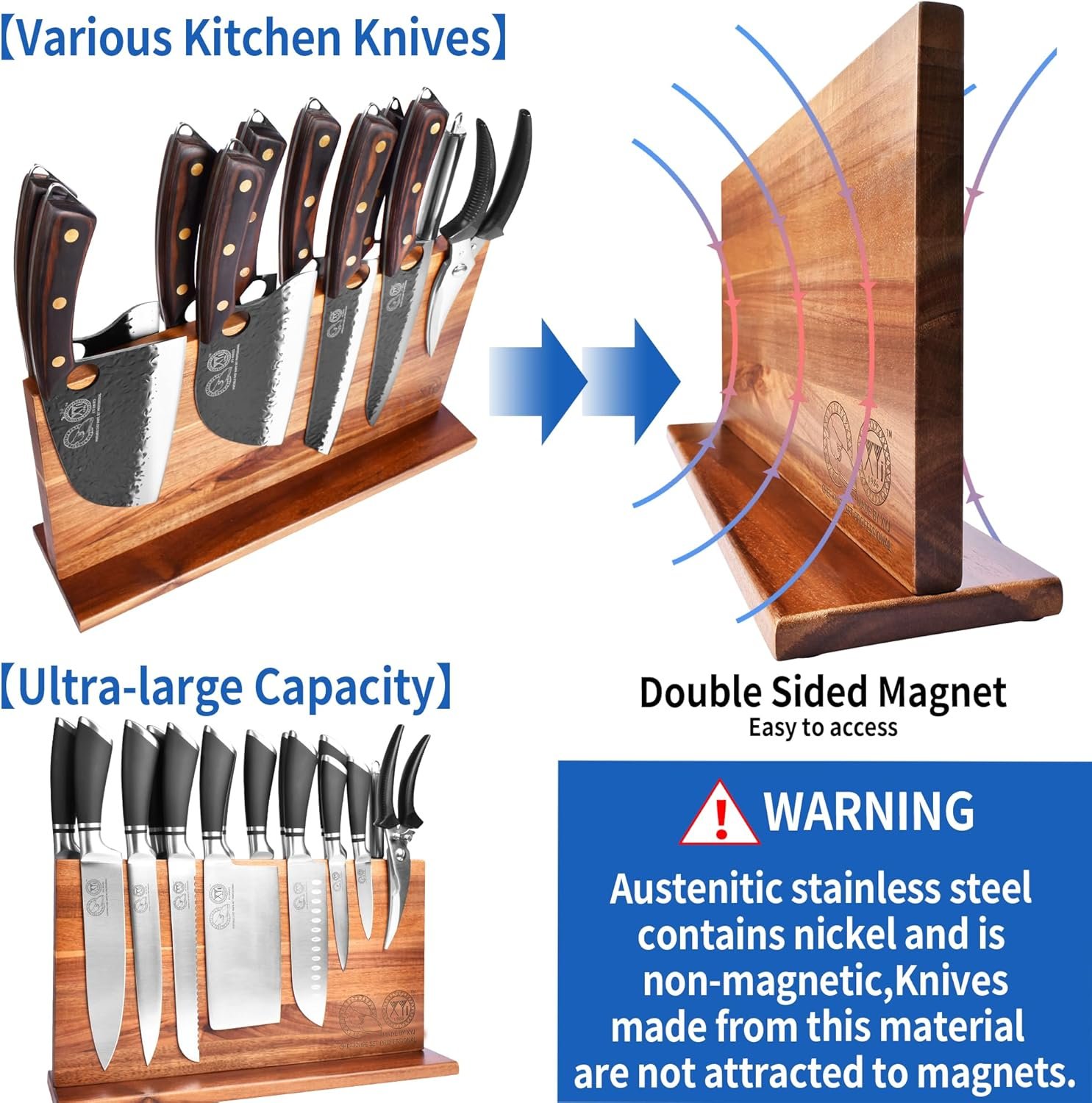 XYJ Extra Large Magnetic Knife Block Acacia Wood Knife Set Holder Stand With Stronge Magnetic Strip Kitchen Knives Storage Rack Organizer Tools No Drilling - Image 4