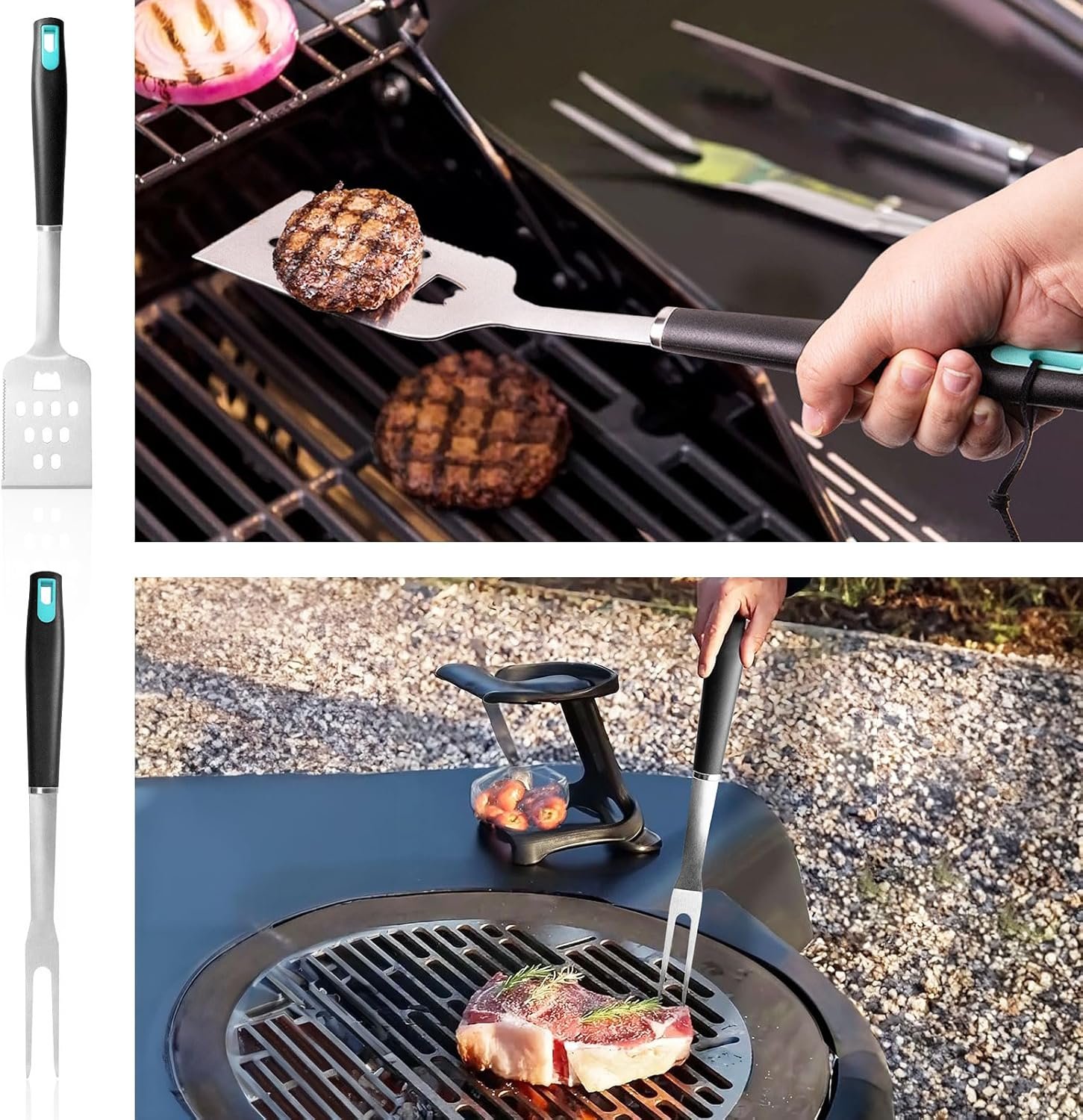 5-Piece Good Grips BBQ Grill Tool Set – Extra Tough Metal Wire Brush Cleaner, Stainless Steel Spatula, Fork, Tongs, Basting Brush for Outdoor Grilling, Camping - Perfect Grill Gifts for Men Dad - Image 3