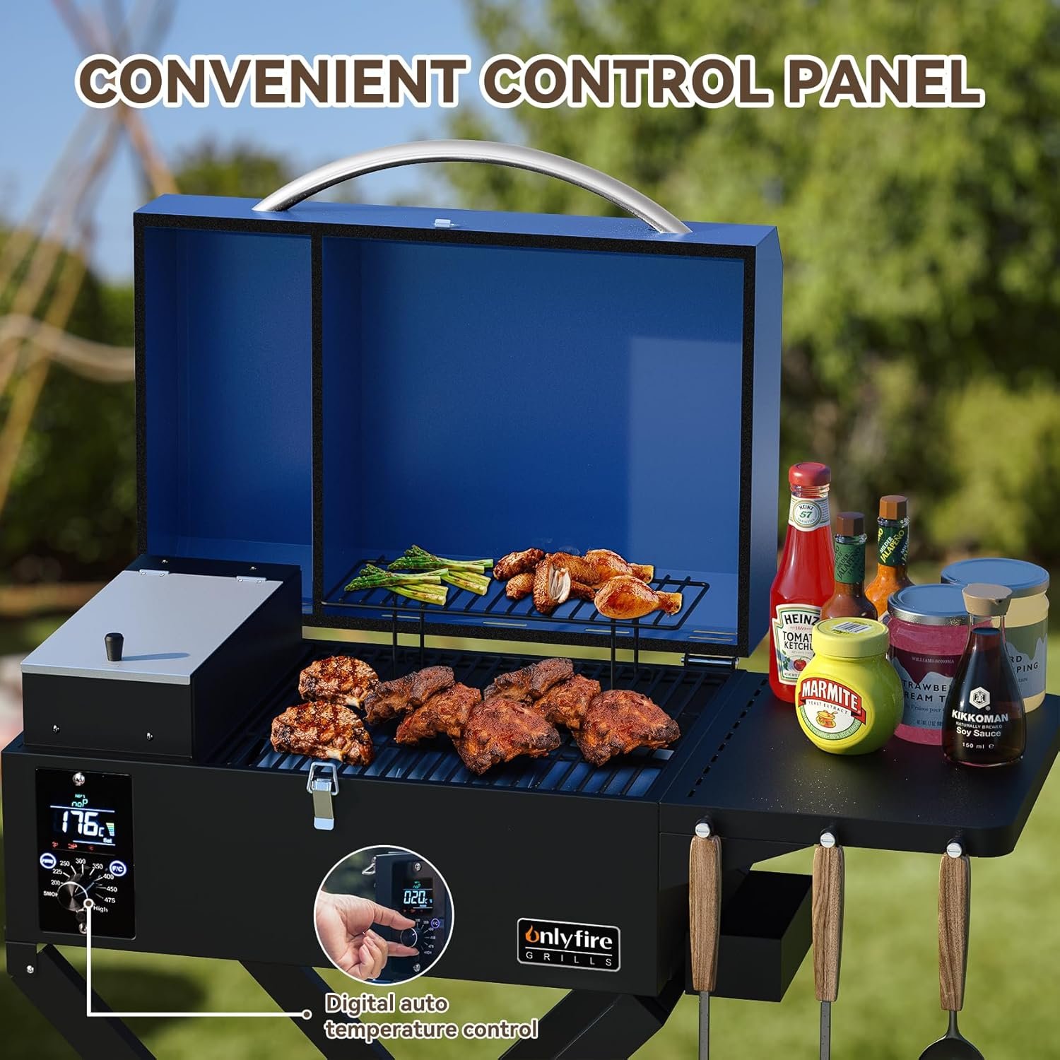 Onlyfire BBQ Wood Pellet Grill Smoker with Foldable Cart, Meat Probe, 2 Tiers Cooking Area, Portable Tabletop Grilling Stove for Outdoor Kitchen Cooking Smoke and Roast, RV Camping, Blue GS342 - Image 5