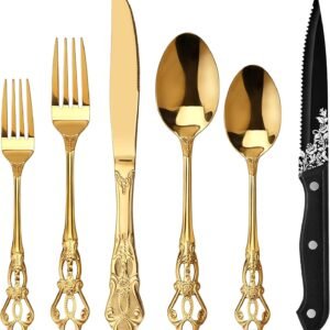 Runfly Retro Royal Gold 48 Pieces Flatware Set, Gorgeous Golden Silverware Set For 8, Anti-rust Stainless Steel dark Cutlery Set Utensils Including Fork Spoon and Knife