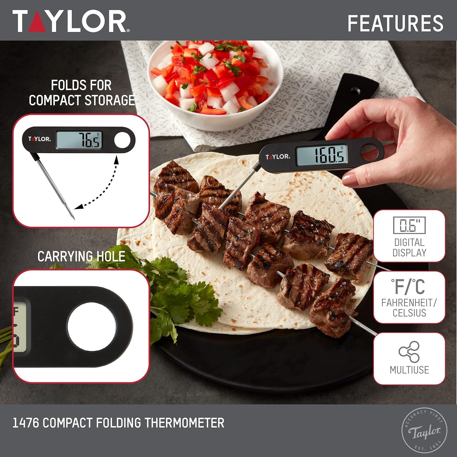 Taylor 1476 Instant Read Digital Meat Food Grill BBQ Cooking Kitchen Thermometer, Tailgating and Grilling Compact Folding Probe, Black - Image 2