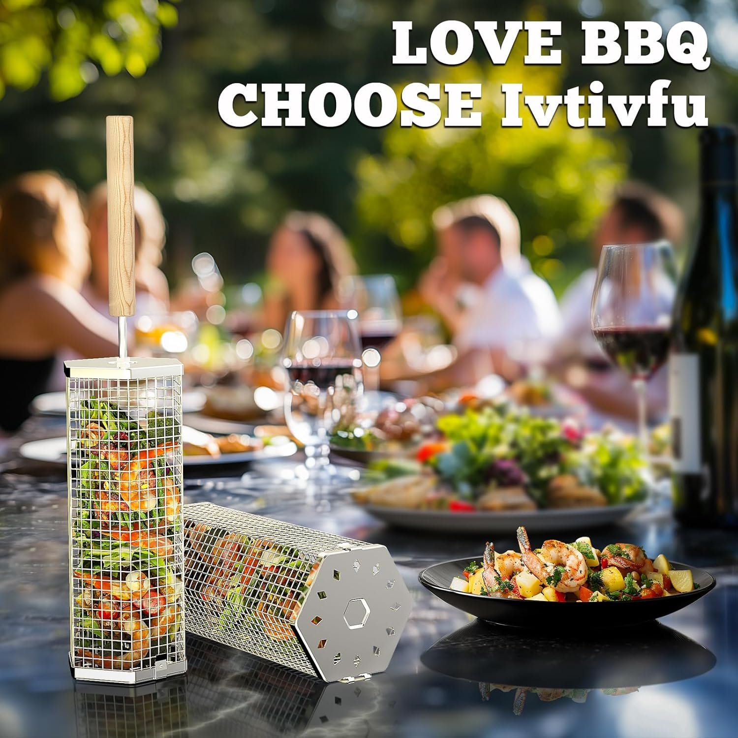 Rolling Grill Baskets (Hexagon), Removable Wooden Handle, 304 Stainless Steel, Nesting Grilling Net, BBQ Accessories Tools for Vegetables Shrimp, Outdoor Cooking Camping, Birthday Gifts for Men Dad Husband - Image 6