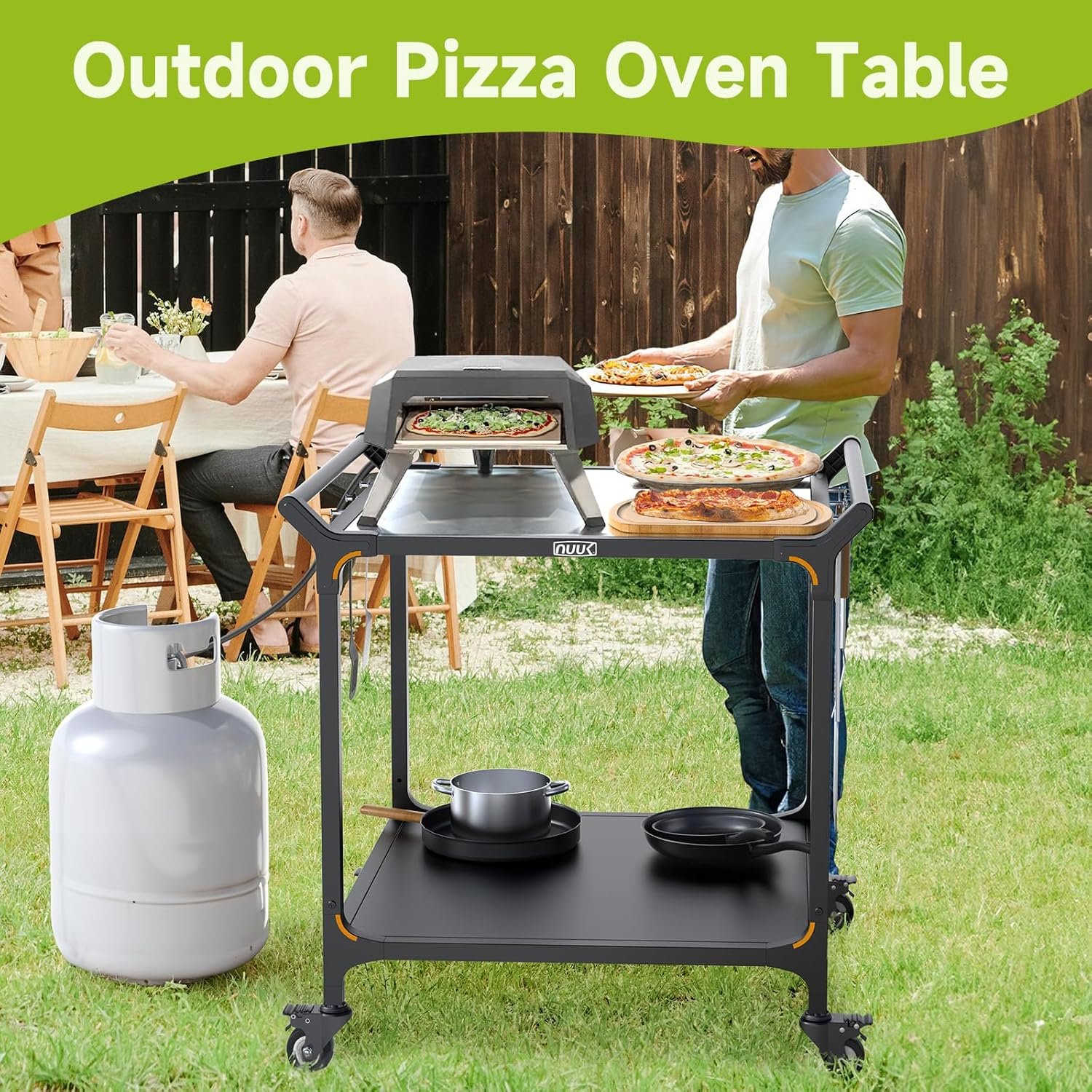 NUUK Grill Cart for Outdoor 32" x 32" Stainless Steel Pizza Oven Table with Double-Shelf Rolling BBQ Kitchen Food Prep Cart for Garden Patio - Image 7