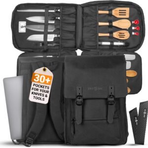 Chef Sac Chef Knife Bag Vintage Backpack | 30+ Pockets for Knives and Chef Tools | Knife Carrying Case with Hidden Back Pocket for Tablet | Sturdy Knife Bag for Chefs & Culinary Work (Black)