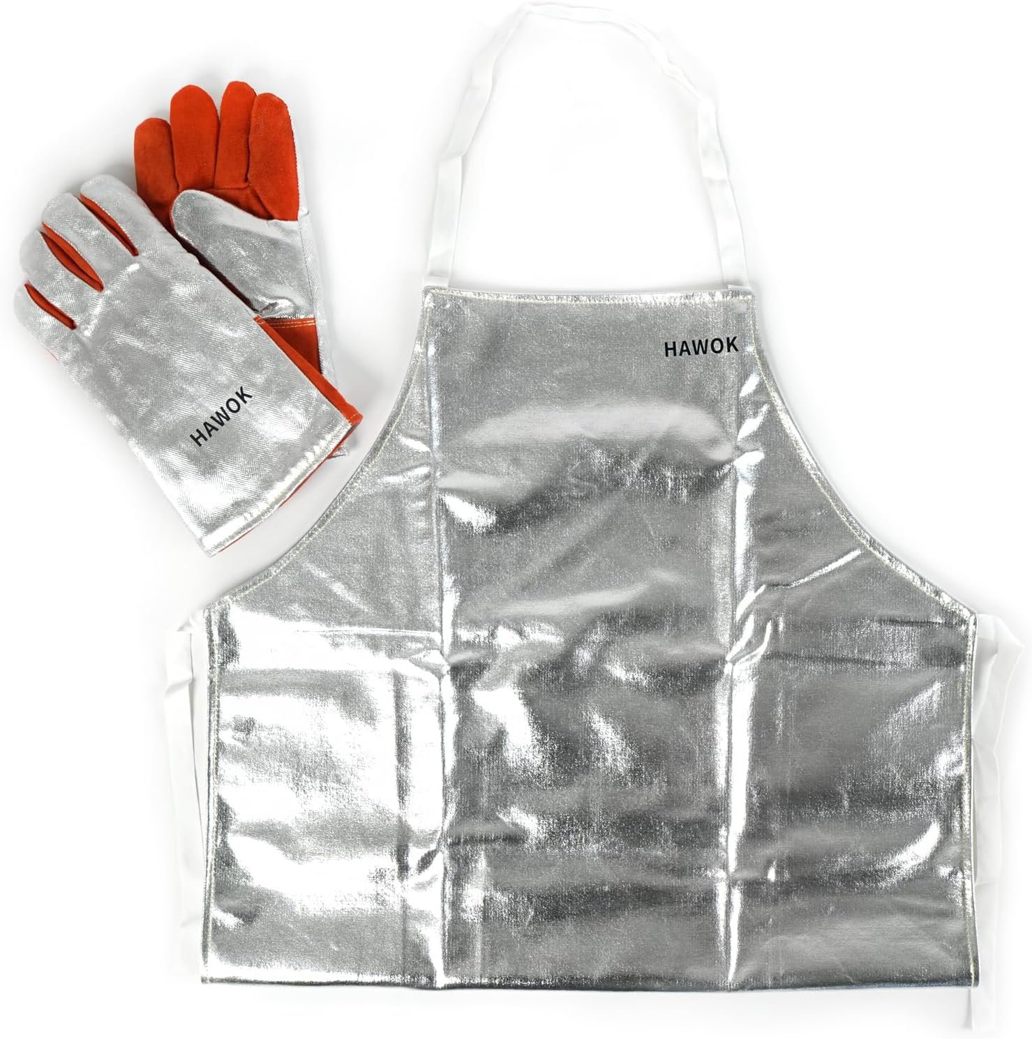 HAWOK Heat Resistant Aluminum Foil Apron and Gloves, Heat Proof Apron(37.2" L x 26.2" W) and Gloves(13.5" L x 7.4" W) for Cooking BBQ, High Temperature Working