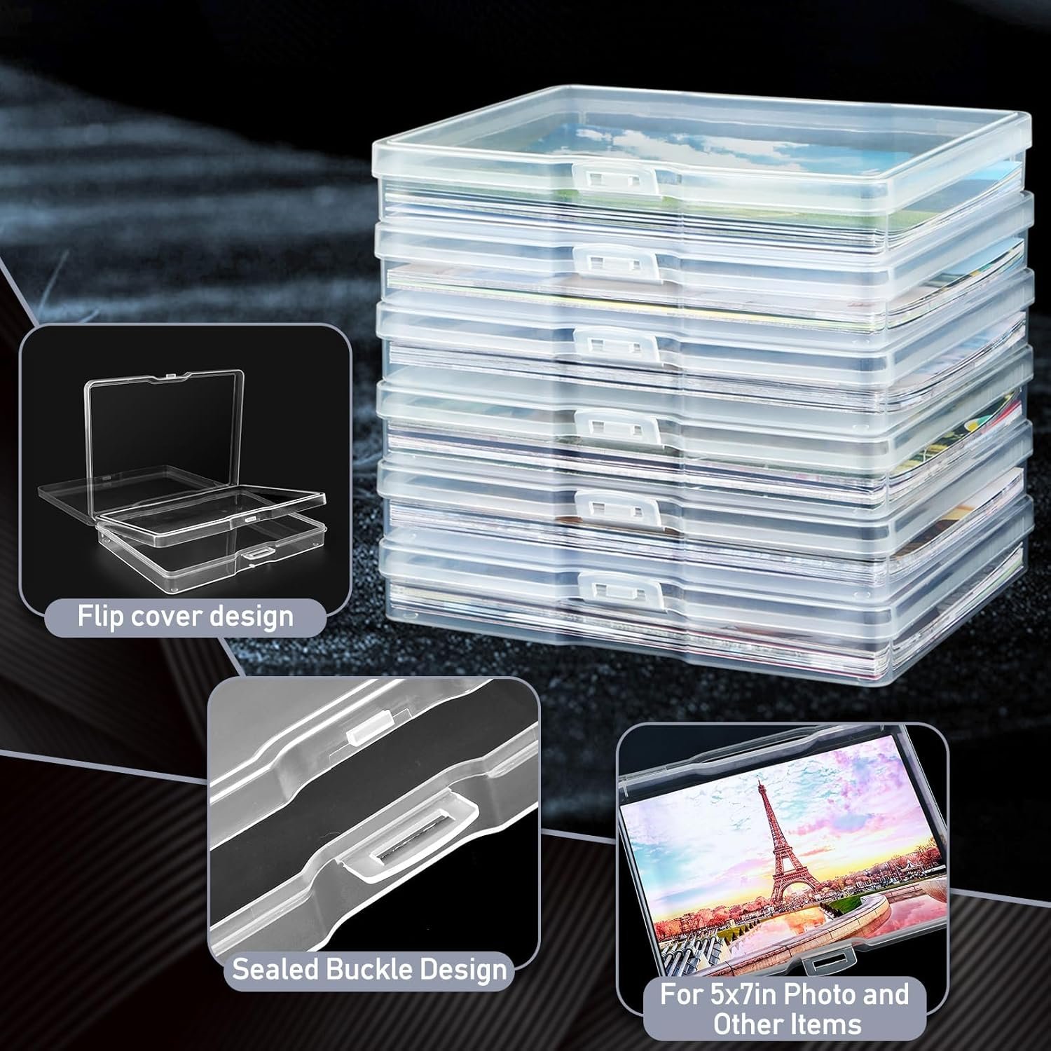 FAAYUCK Photo Storage Box 5 x 7 Inches, 6 Pack Photo Organizers and Storage, Acid-Free Picture Storage Container, Stackable Craft Keeper for Photos, Cards, Stamps, Scrapbooking, Office Supplies etc - Image 3