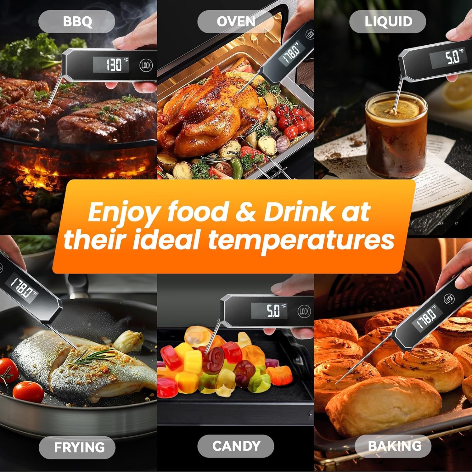 Meat Thermometer Digital, 0.5 Sec Instant Read Food Thermometer for Cooking Grilling Air Fryer, Kitchen Cooking Food Thermometer for BBQ Smoker Oil Fry Candy Thermometers (Grey) - Image 3