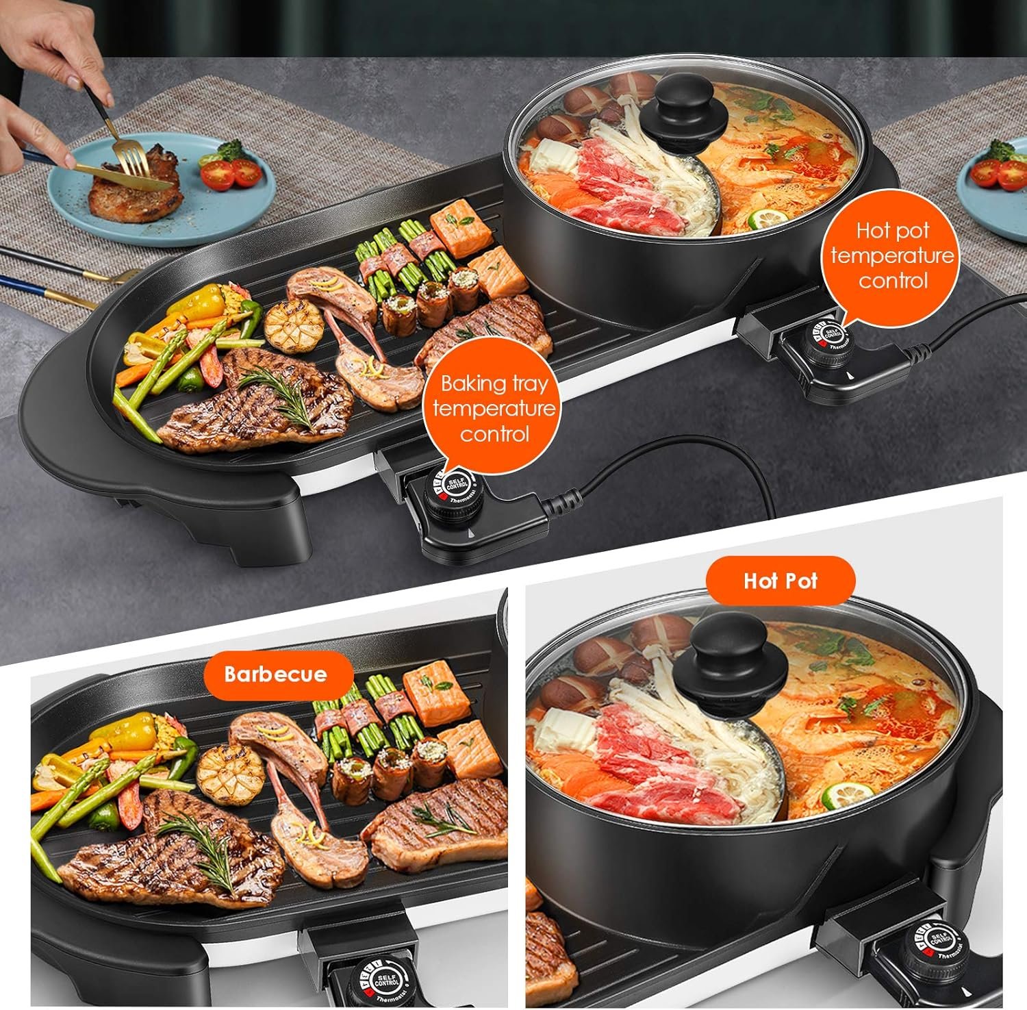 SEAAN Hot Pot with Grill, Korean BBQ Grill Indoor Hotpot Pot Electric Combo, Shabu Shabu Pot with Divider KBBQ Grill Smokeless Non-stick Separate Dual Temperature Control, for 2-12 People, 110V - Image 3