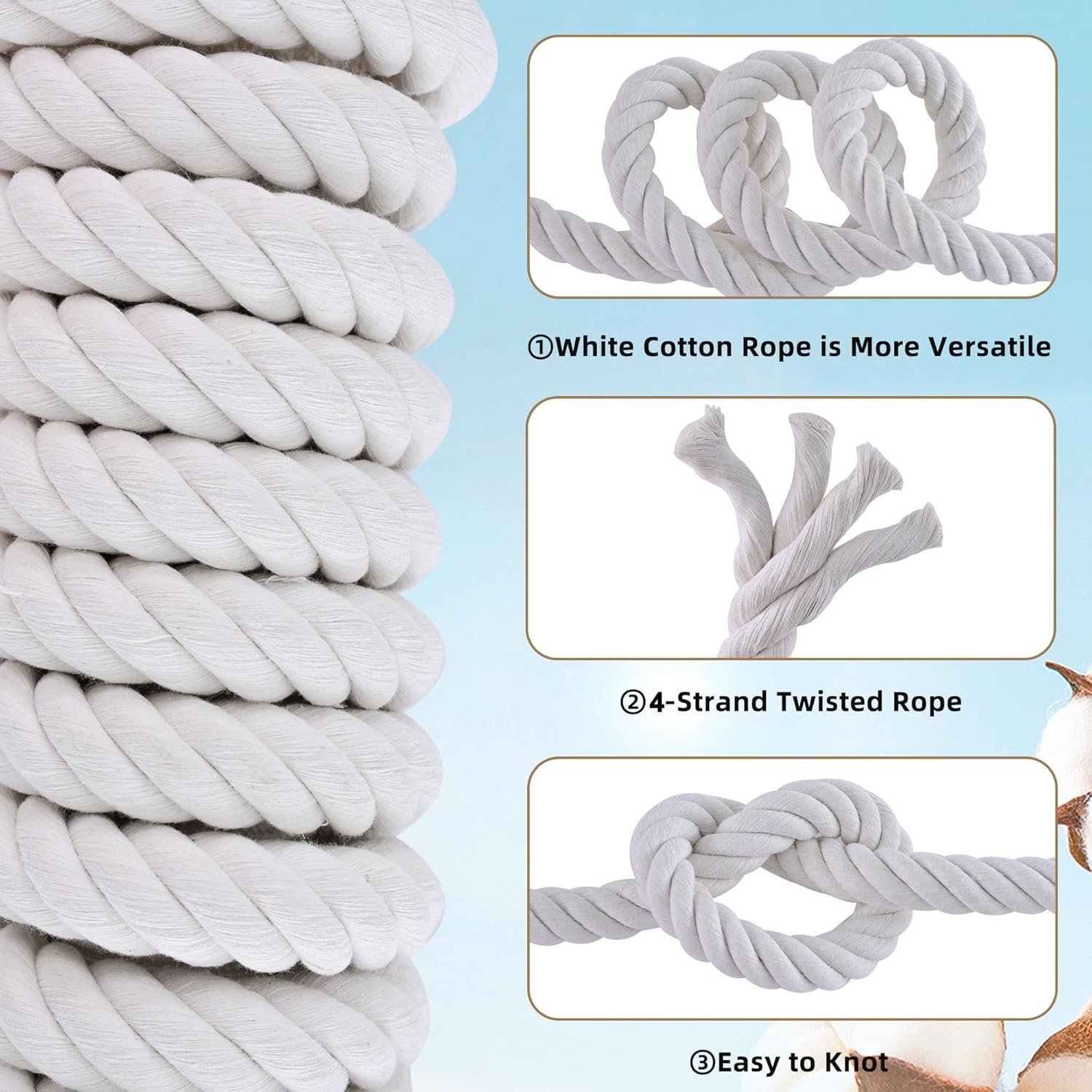 White Cotton Rope 1 inch Rope x 50ft Natural Twisted Cotton Rope,Strong 4-Strand Rope,Cotton Craft Rope,Thick Rope,Available as Tug of War Rope, Nautical Rope,and Workout Rope, etc. - Image 3