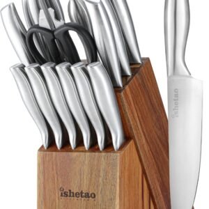 Knife Sets for Kitchen with Block, 15 Piece Kitchen Knife Set, Ultra Sharp Chef Knife Set for Kitchen, High Carbon Stainless Steel Knife Block Set with Sharpener, Silver