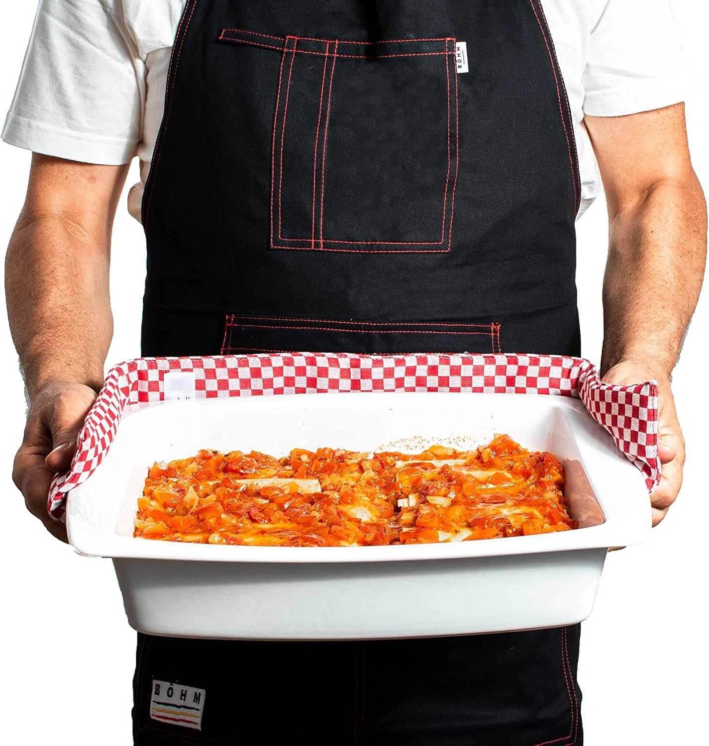 BÖHM Professional Chef Kitchen Apron with Pockets, Tool Loops, Adjustable Neck Strap, Durable Double Stitched Cotton. Incl. heat resistant Pot/Pan Towel for handling Hot items - Image 9