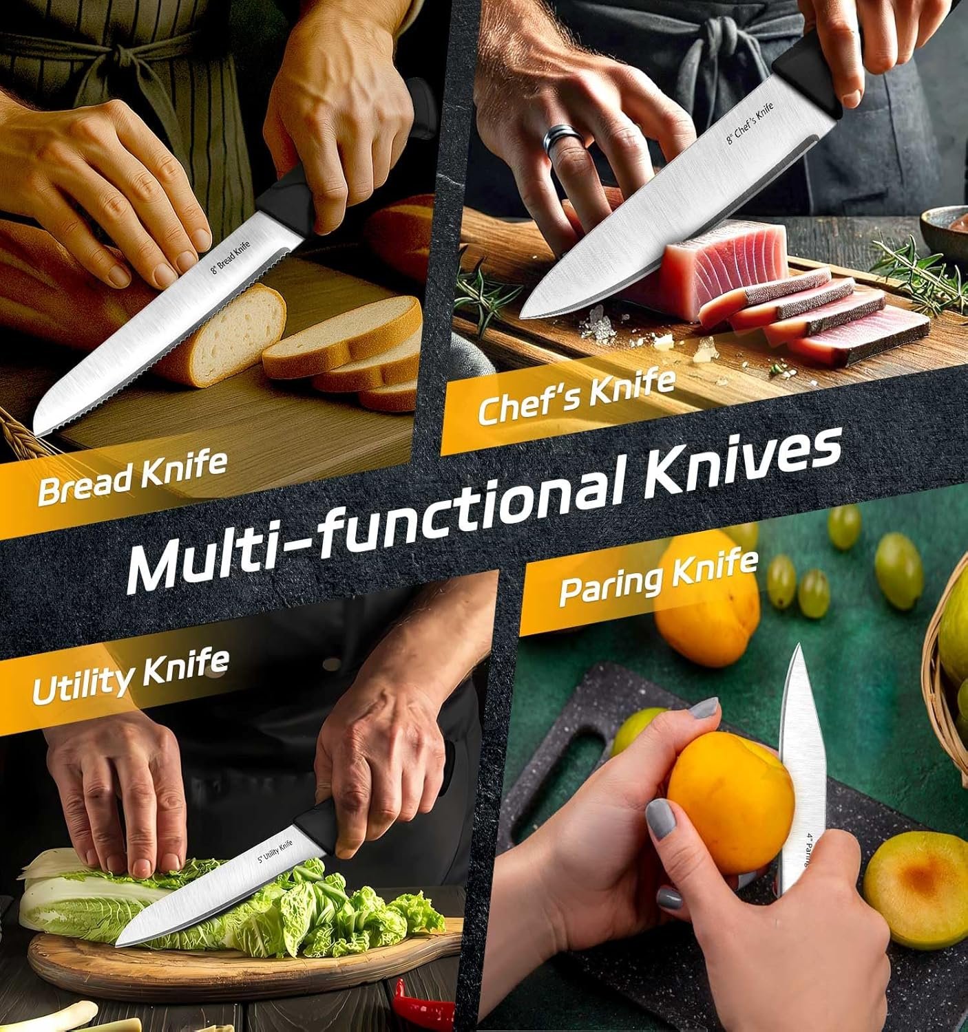 Knife Set, 14-Piece Kitchen Knife Set with Wooden Block, High Carbon Stainless Steel Knives, Ergonomic Handles, Includes Steak Knives, Sharpening Rod, Kitchen Shears - Image 4