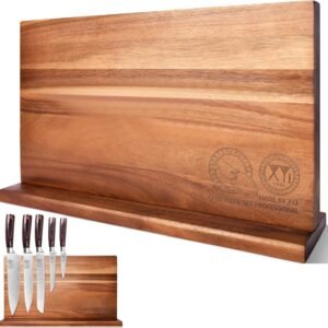 XYJ Extra Large Magnetic Knife Block Acacia Wood Knife Set Holder Stand With Stronge Magnetic Strip Kitchen Knives Storage Rack Organizer Tools No Drilling