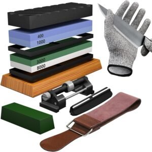 Knife Sharpening Stone Set – Premium 4 Side Grit 400/1000 3000/8000 Whetstone Sharpener Kit – Non-Slip Bamboo Base,Cut Resistant Gloves, Angle Guide,Flatting Stone,Honing Guide,Leather Strop