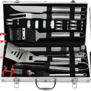 Grilljoy 24PCS BBQ Grill Tools Set with Meat Thermometer and Injector – Extra Thick Stainless Steel Fork, Spatula& Tongs – Complete BBQ Accessories in Aluminum Case – Perfect Grill Gifts for Men